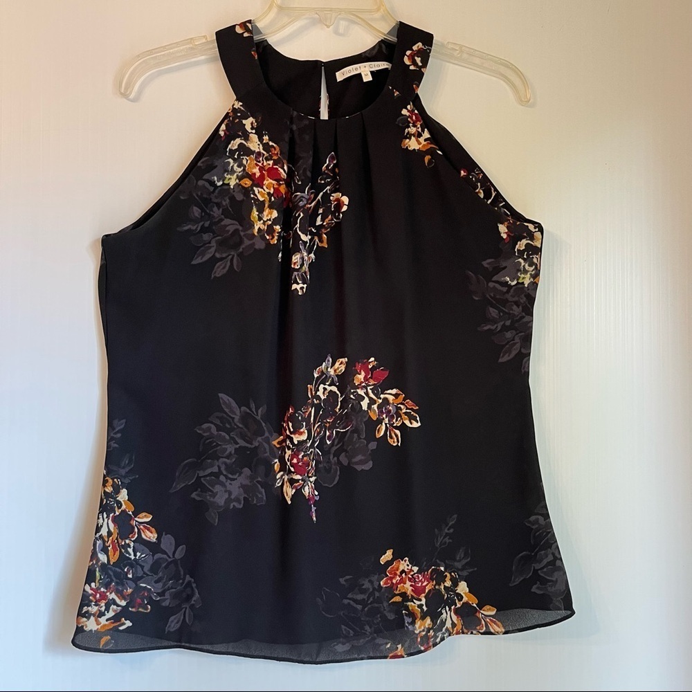 Semi-Sheer Sleeveless Floral Halter Blouse Black Multi Medium